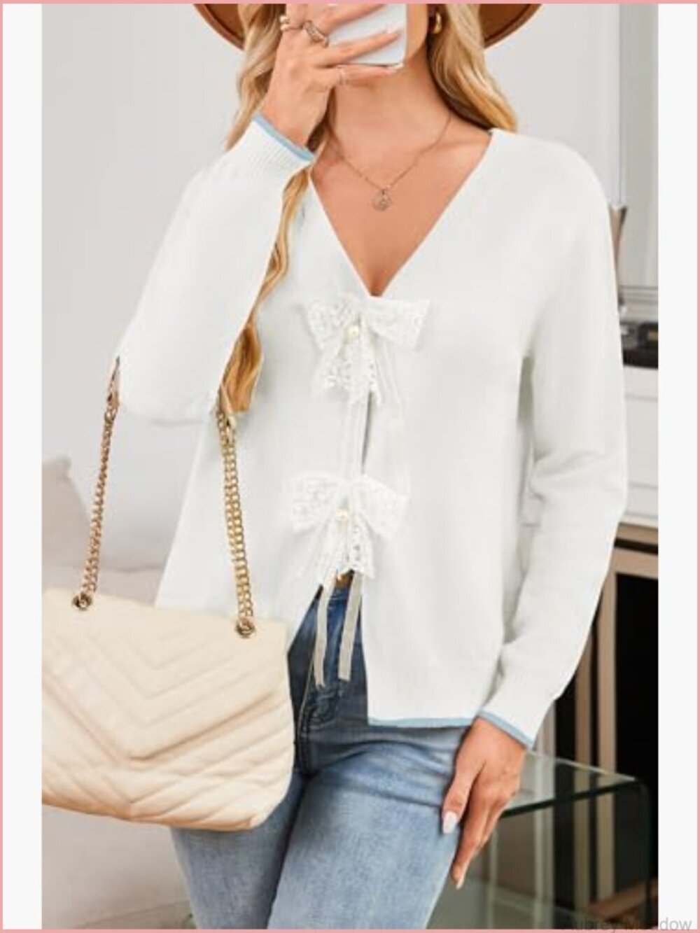 Bow Tie V Neck Lightweight Cardigan Sweater Open Front Knit Crop Top - Picture 4 of 7